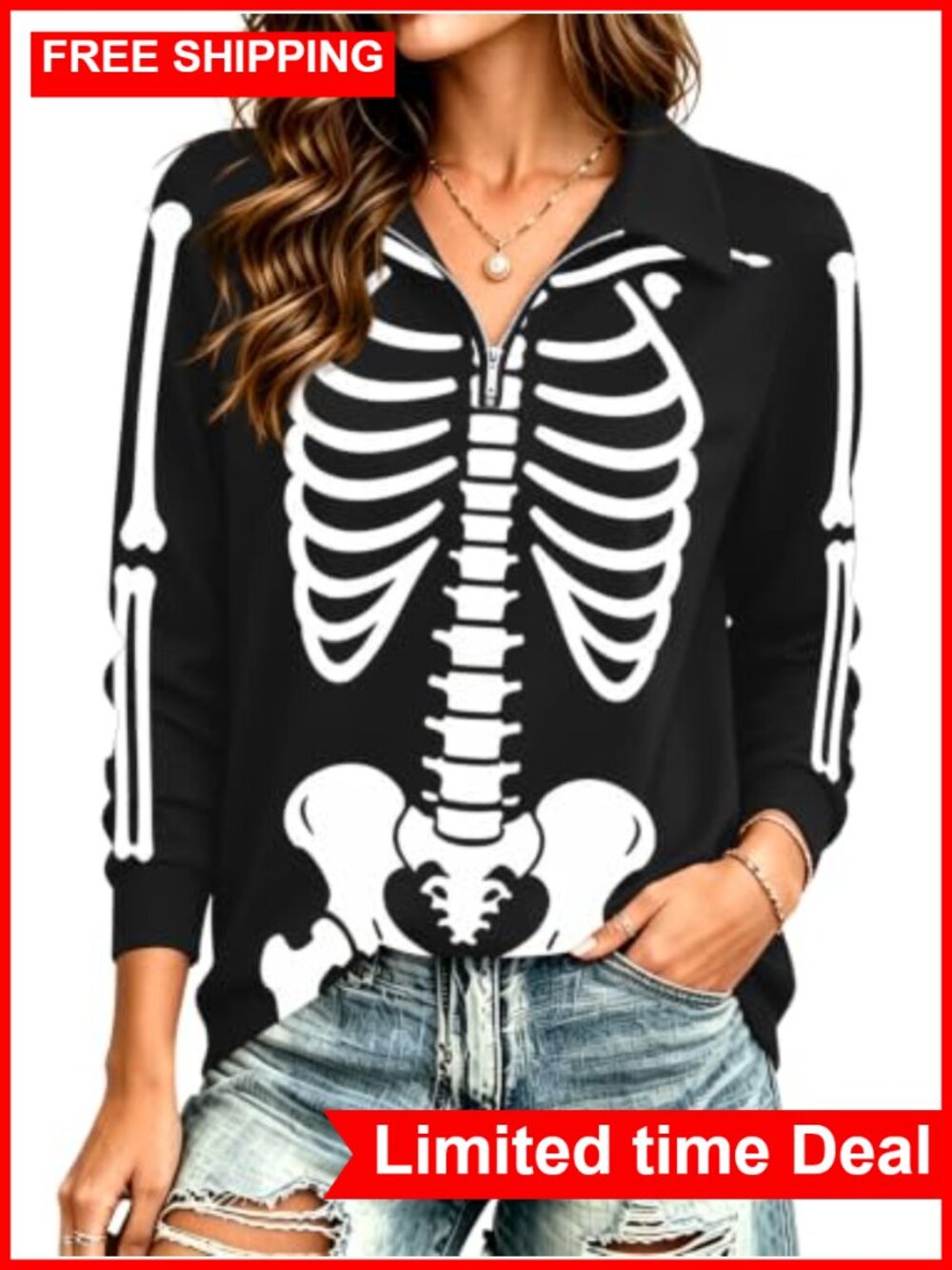 Women's Halloween Half Zip Long Sleeve Shirt Fall Tops